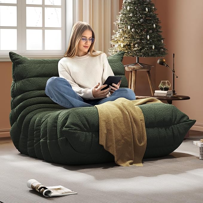 Bean Bag Chair, Fireside Chair, Large Bean Bag Chair for Adults, Bean Bag Chairs for Teens with High-Resilience Foam, Non-Slip Base Floor Lounge Sofa,Living Room (Green, Single)