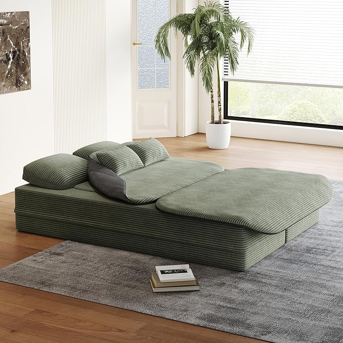 Antetek Convertible Sleeper Sofa, Modern Folding Futon Corduroy Floor Foam Compression Loveseat Sofa Bed Couch, Foldable Full Size Guest Bed with 4 Pillows for Living Room Bedroom Apartment, Green
