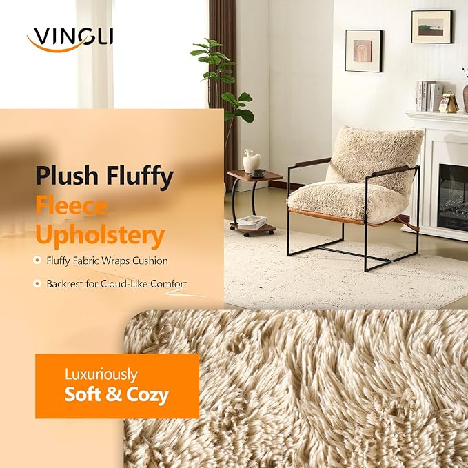VINGLI 28" Wide Plush Upholstery Sling Modern Accent Chair Set of 2, Cute Reading Armchair with Removable Seat Cushion & Tan Microfiber Seat Base, Lazy Chair for Bedroom & Lounge, Beige