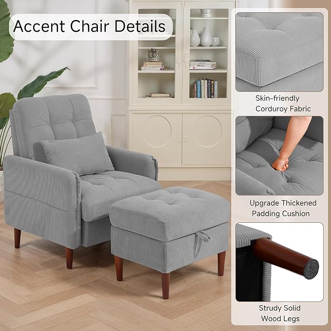 Lumibee Accent Chair with Storage Ottoman, Upholstered Comfy Reading Chair with Adjustable Reclining Backrest, Corduroy Fabric Lounge Chair Armchair for Living Room Bedroom, Gray