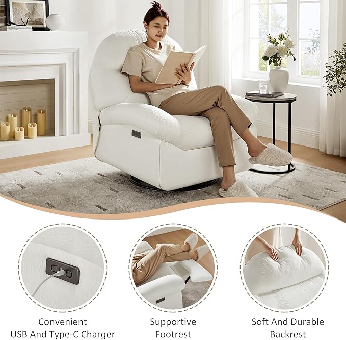VANOMi Power Recliner Chair with USB & Type-C Charging, 270° Swivel Glider Rocker, Electric Nursery Recliner for Living Room, Bedroom, and Office, White