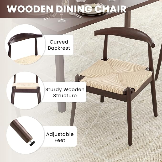 Farini Mid Century Modern Dining Chairs Set of 2, Solid Wood Frame Kitchen Chairs with Woven Upholstered Seat for Dining Room & Breakfast Nook,Latte-Beige