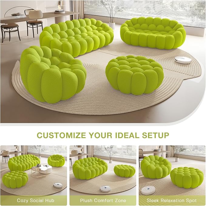 WJShome Modular Sectional Sofa,Bubble Couch Set,1 Seater+ Ottoman,Modern Upholstered Bean Bag Sofa Couch Mesh Fabric Lazy Floor Chair Living Roon Sets (Lemon Green)