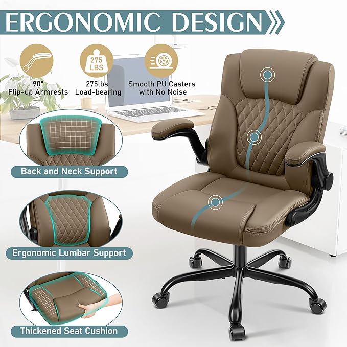 Leather Office Chair, PU Home Computer Desk Chairs with Ergonomic Back Support, 360°Swivel Free, Small Gaming Chair with Wheels and Adjustable Armrests, for Short People Use