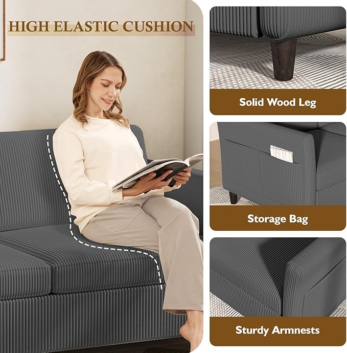 Valthie 60.6" Corduroy Loveseat Sofa, Modern Comfy Couches with Side Pocket, 2-Seater Sofa Couch for Living Room, Bedroom and Small Spaces,Grey