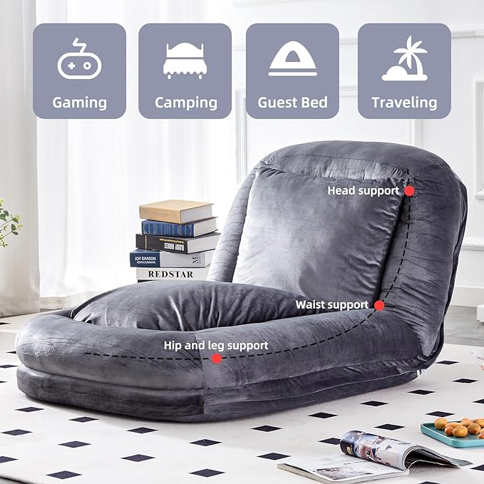 Stylish Grey Floor Lounge Chair - Versatile Folding Sofa with 5 Adjustable Positions for Comfort & Relaxation!