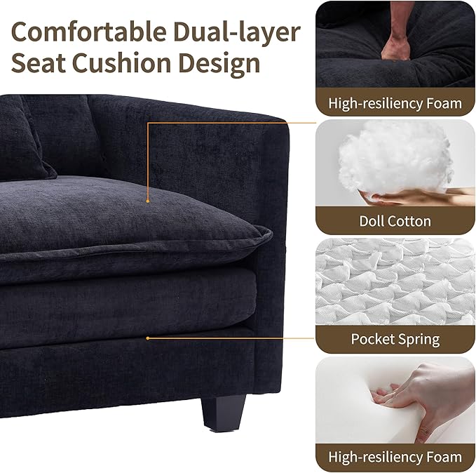 SweetGO corporation 40" Chenille Lounge Chair for Reading, Modern Couch Cozy Sofa Bed, Upholstered Living Room Single Sofa Accent Chair with Ottoman, Black