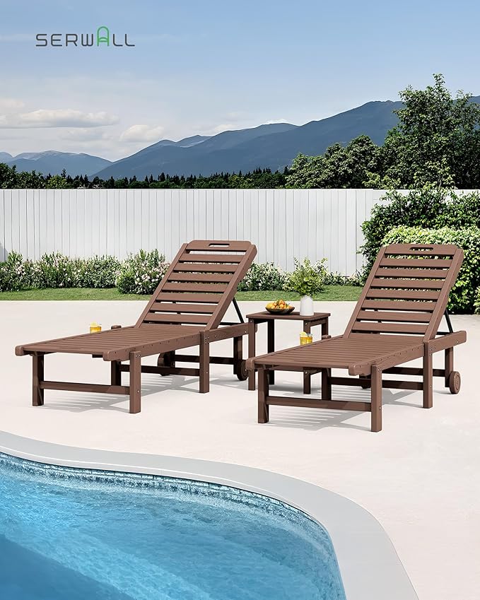 SERWALL Patio Chaise Lounge Set of 4, HDPE Outdoor Lounge Chair with Cup Holder, 5 Positions Adjustable Poly Lounger with Rolling Wheels for Poolside, Deck, Sunbathing, Brown