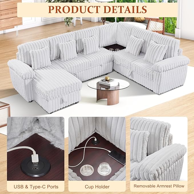 Modular Sectional Sleeper Sofa with Pull Out Bed, Storage Chaise & USB Charging, U Shaped Plush Corduroy Sectional Couches for Living Room, Comfy Convertible 7 Seat Cloud Sofa Bed, Grey