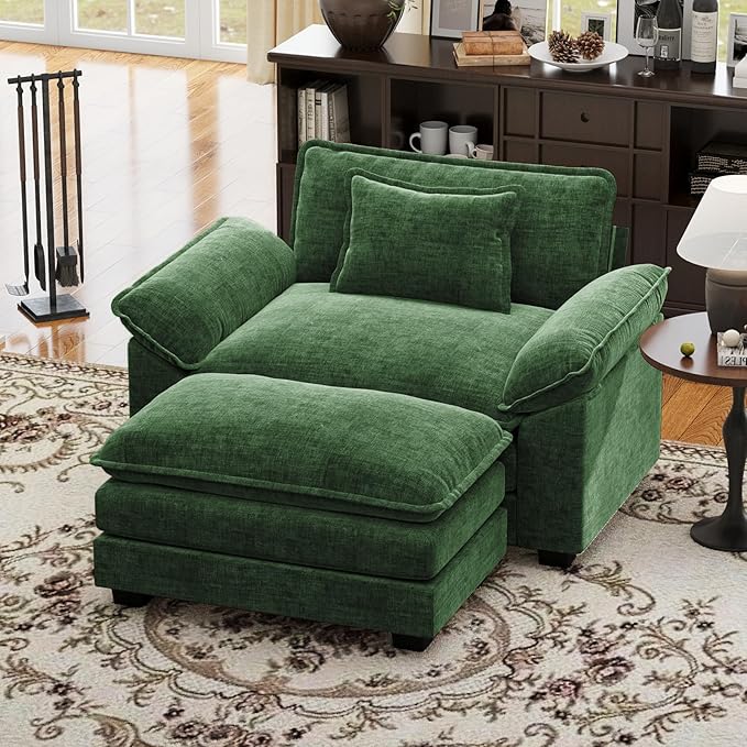 CDCASA 50'' Oversized Chair with Movable Ottoman, Chenille Comfy Cloud Sofa Accent Chair w/Large Seat and Armrests, Modern Extra Wide Armchair Reading Chairs for Living Room, DIY Combination, Green