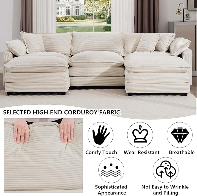 Aoowow Corduroy 3 Seater Couch with Ottomans,Modern Large Cloud Couches for Living Room,U Shaped Modular Sectional Cloud Sofas Deep Seat,U Shape Oversized Tufted Sofa Set(Beige, 3 Seater + 2 Ottoman)