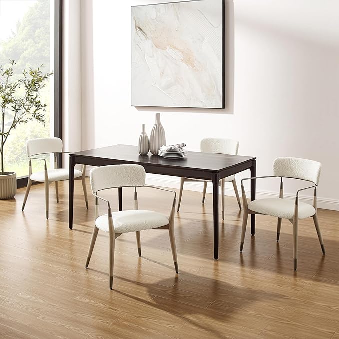 Art Leon Mid Century Modern Dining Chairs - Boucle Fabric Upholstered Dining Room Chairs with Wood Legs, Accent Arm Chair with Open Backrest, Set of 2, White