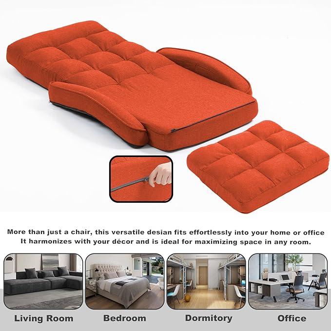 Indoor Floor Chair with Armrest and Pillow Folding Chaise Lounge Sofa 14-Position Adjustable Comfy Gaming Recliner Chair Padded Seats for Adults (Orange)