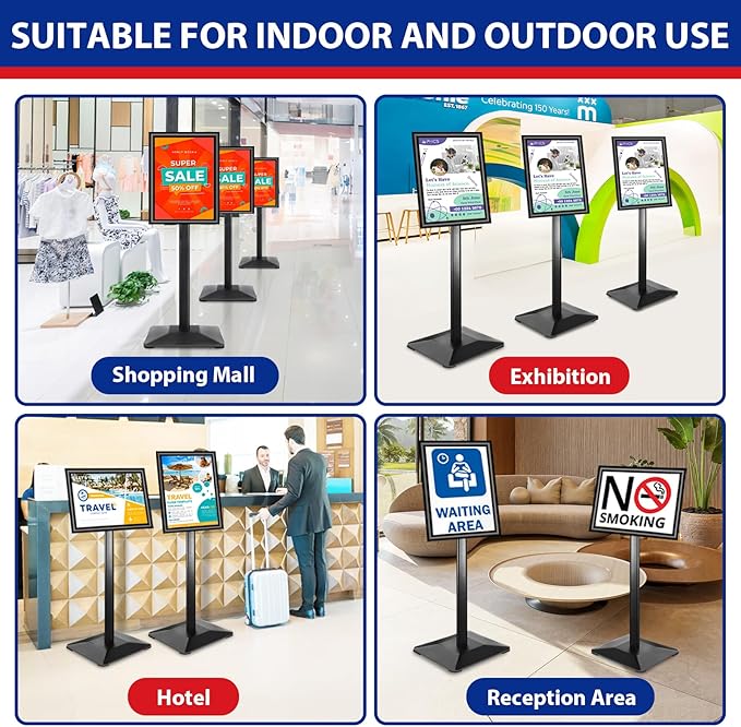 VAIIGO Pedestal Sign holder Stand 11x17inch Adjustable Standing Floor Sign Stand with Heavy Base & Snap Frame Display Stand for Indoor Outdoor Business Store Sign Holder Poster Stand (Black)