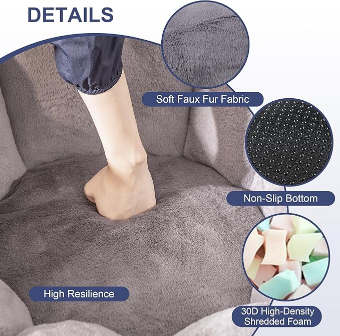 Pumpkin Shaped Bean Bag Chair with Ottoman, Gaint Bean Bag Chair for Adults, Faux Rabbit Fur Comfy BeanBag Floor Sofa Chair for Reading, Playing, Relaxing, Gray