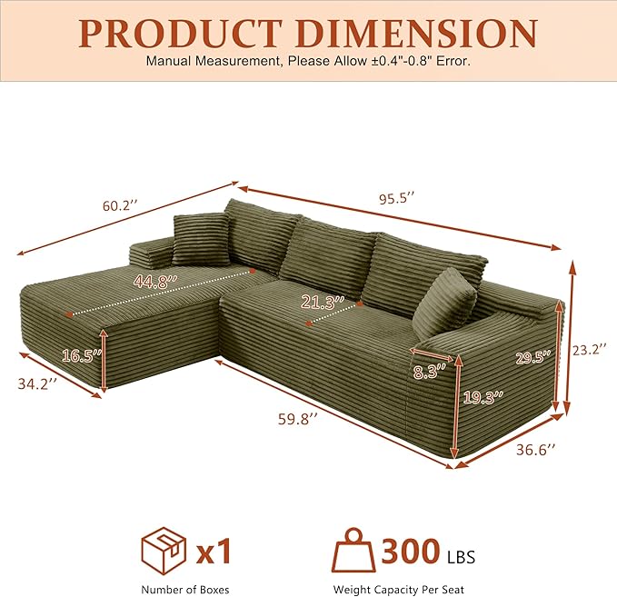 HYJT-H&K Modular Sectional Sofa Cloud Sectional Couch, 95" Comfy Fluffy L Shaped Green Couches for Living Room, Deep Seat Memory Foam Plush Corduroy Boneless Couch Sectionals Left Facing Chaise Sofa