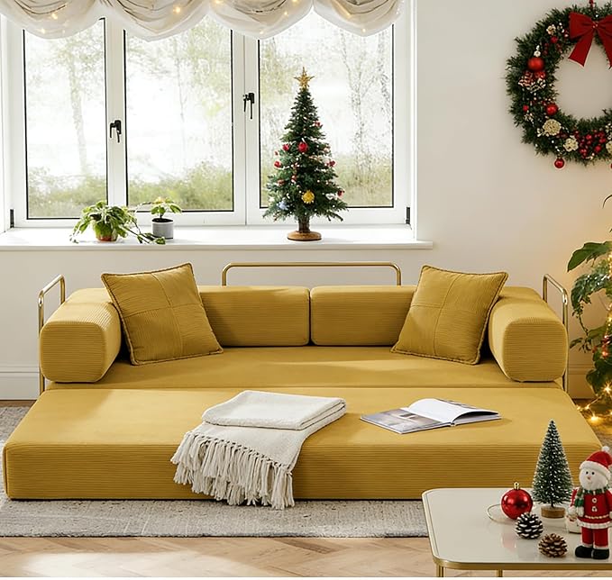 78" Convertible Sleeper Sofa Bed, Corduroy Folding Sofa Bed with Fixed-Shape Frame, Fold Out Floor Mattress Couch, Lazy Compression Sofas for Living Room, Bedroom, No Assembly Required, Yellow