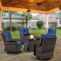 Belord 5 Pieces Patio Wicker Furniture Set - 4 Outdoor Swivel Rocker Glider Chairs with Propane Fire Pit Table, Patio Conversation Set Blue Cushion Perfect for Casual Gathering