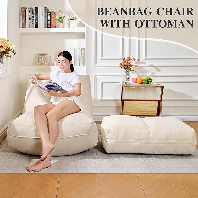 Cvortll Bean Bag Chair with Ottoman, Comfy Bean Bag Sofa with Memory Foam, Lazy BeanBag Sofa with Footstool, Fireside Bean Bag Couch for Living Room, Bedroom, Apartment (Off White)