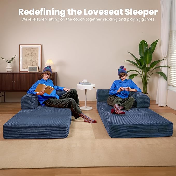 79" Convertible Sofa Bed, Boneless Corduroy Sleeper Foldable Modular Couch, Memory Foam Compressed Sofa in A Box, Folding Mattress Floor Couch for Small Space Living Room Apartment Bedroom, Blue