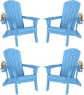 Plawdlik Folding Adirondack Chair Set of 4 with Cup Holder, SGS Tested, HDPE Heavy All-Weather,Wooden Textured,Backyard Fire Pit, Light Blue