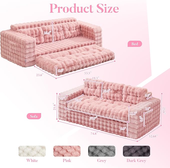 Hobestluk 3-Seater Sofa Boneless Couch with Tufted Button Design 2 in 1 Comfy Cloud Couch Oversized Sofa for Living Room Bedroom Apartment or Office (Pink, 3 Seater)