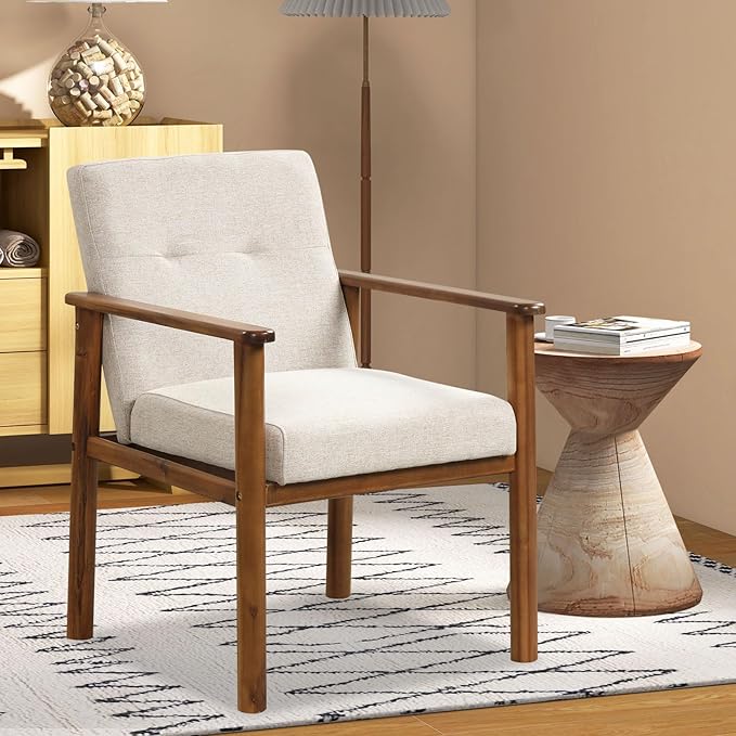GOFLAME Accent Chair Set of 2, Mid-Century Modern Armchair with Solid Wood Legs, Soft Cushioned Seat, Upholstered Linen Fabric Leisure Chair for Living Room, Bedroom, Guest Room, Office, Beige