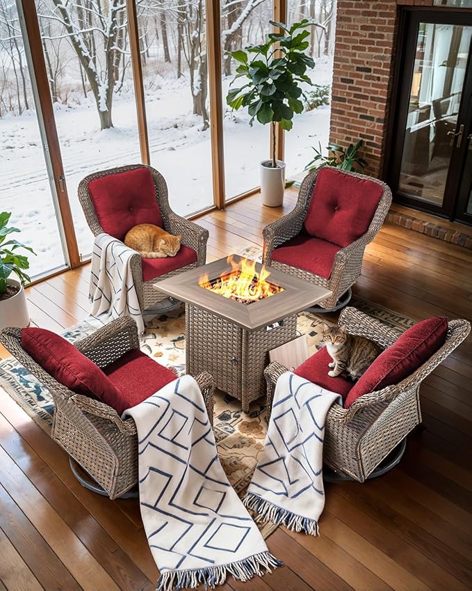 ACTREST Patio Chairs Outdoor Swivel Glider - Set of 4 High Back Outside Brown Wicker Rattan Rocking Chair with Thick Cushion for Porch Apartment Deck Yard Poolside Garden - Red