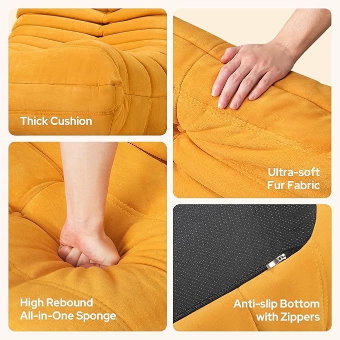 High-end Togo Bean Bag Chair, Fireside Chair with Yellow Suede Fabric Cover, Comfy & Soft Lazy Floor Lounge Sofa for Bedroom, Living Room, Office or Salon