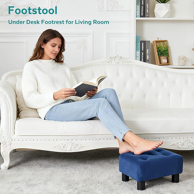 FIMIVIBI Small Foot Stool Ottoman, Velvet Footstool Ottoman Foot Rest for Couch, Rectangle Footstools and Ottomans Small for Living Room, Entryway and Bedroom (Blue)