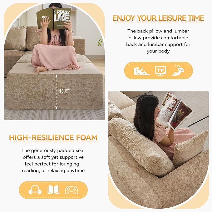 83'' Boneless Loveseat Sofa, Comfy Deep Seat Cloud Couch with 2 Moveable Ottoman, No Assembly Chenille Love Seat for Living Room, Camel