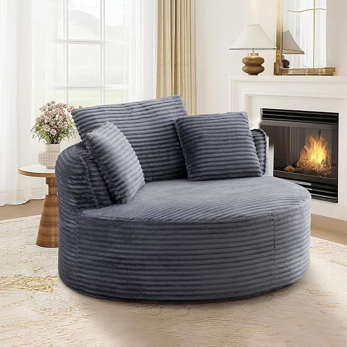 53"W Oversized Round Chaise Longue Chair Indoor,Corduroy Fluffy Comfy Cloud Chair,Circle Bean Bag Sofa with Foam Filling & Pillows,Boneless Reading Cozy Sofa Chairs for Living Room,Bedroom,Grey