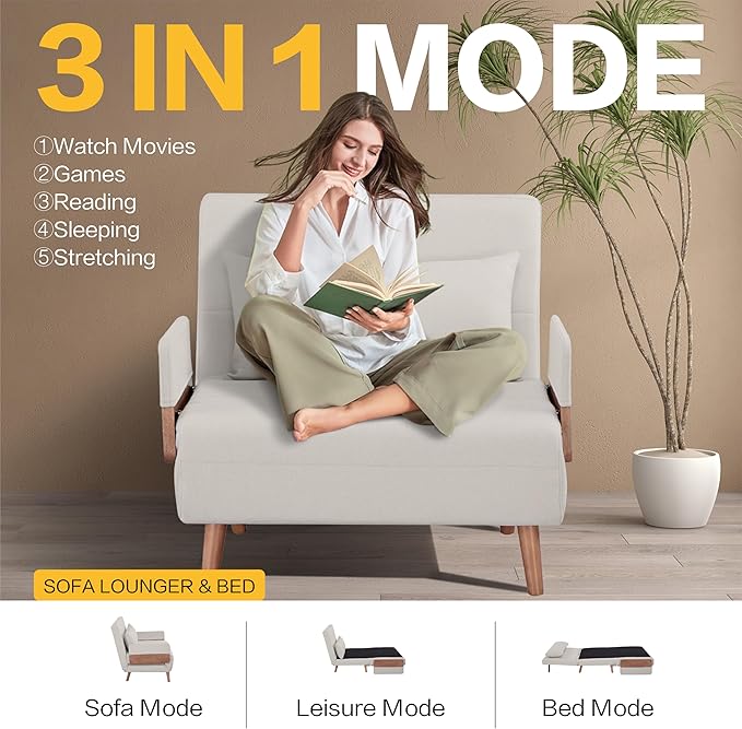 CITTANEO 34" Convertible Sleeper Chair, 3-in-1 Chair Bed Sleeper for Adults with 3-Position Adjustable Backrest, Pillow and Wooden Arms, Folding Sofa Bed for Apartment, Dorm, Office, Beige