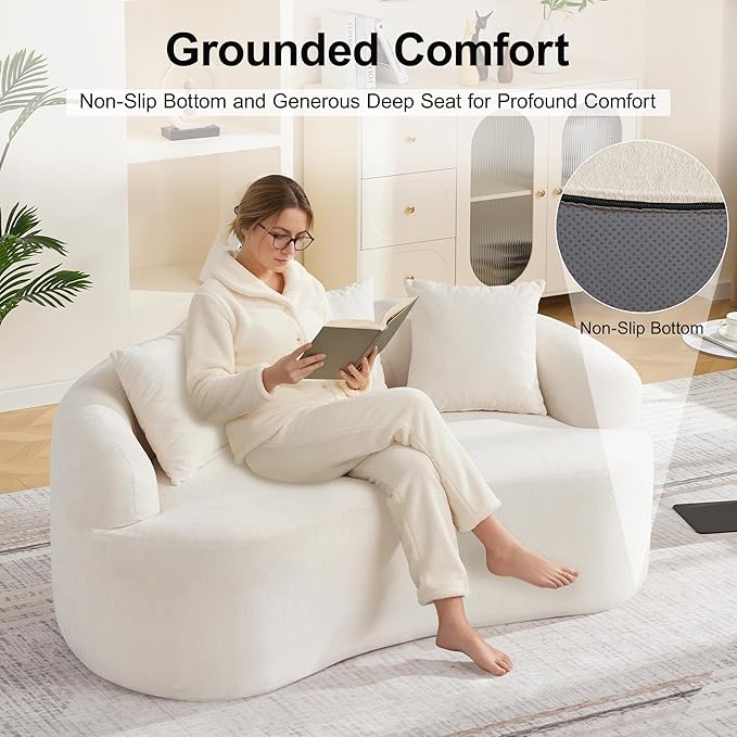 Abbrevi 65" Curved Loveseat Sofa, Deep Seat Love Seat Couches with 3 Throw Pillows, Modern 2 Seater Boneless Curved Couch, Compressed Floor Sofa for Living Room Small Spaces, No Assembly, Beige