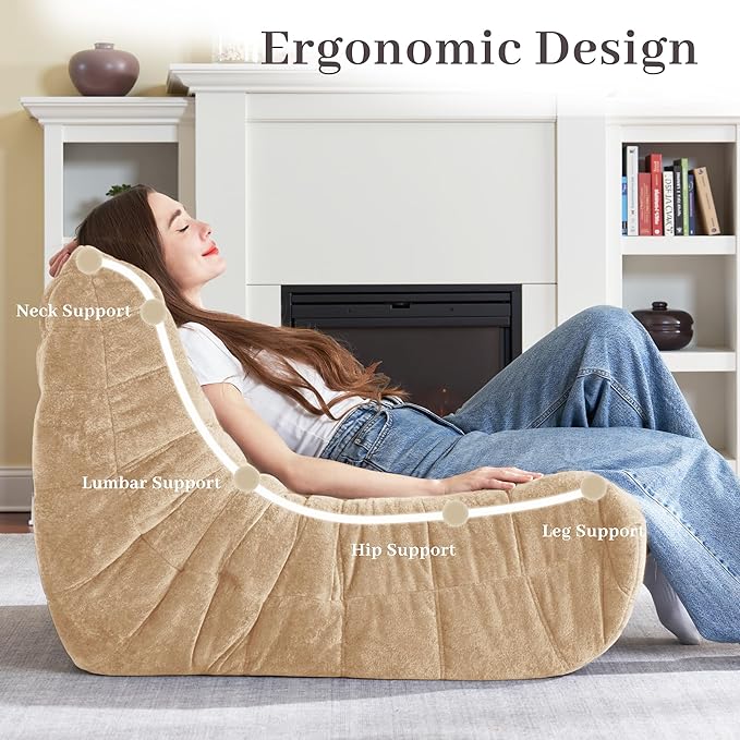 HABUTWAY Bean Bag Chair, Giant Bean Bag Chairs for Adults, Loveseat Fireside Chair, 2 Seater Lazy Bean Bag Sofa Memory Foam Couch for Living Room, Bedroom, Office (Khaki)