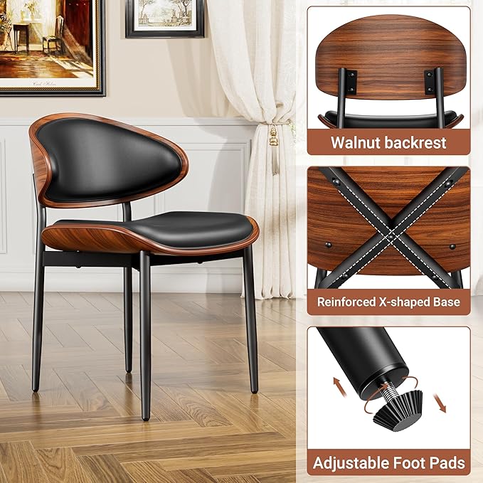 YaFiti Dining Chairs Set of 8, Dining Room and Kitchen Chairs, Mid Century Modern Retro Chair, Upholstered PU Leather Chairs for Vanity with Walnut Bentwood and Metal Legs (Black)