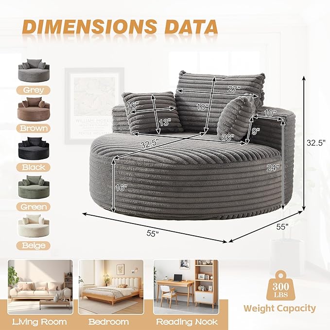 55"W Oversized Round Chair Lounge Chaise Indoor, Upholstered Comfy Circle Sofa Armchair, Modern Cozy Boneless Foam Floor Reading Chair for Living Room, Bedroom, No Assembly Required(Corduroy, Grey)