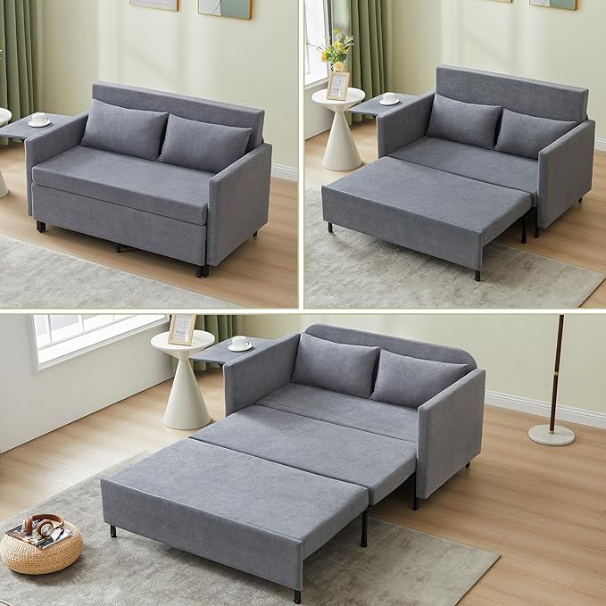 QHITTY Pull Out Couch Bed, 2-in-1 Sleeper Sofa Small Loveseat Bed with Hidden Side Table and Iron Frame for Living Room, Small Space, Apartment (Grey)