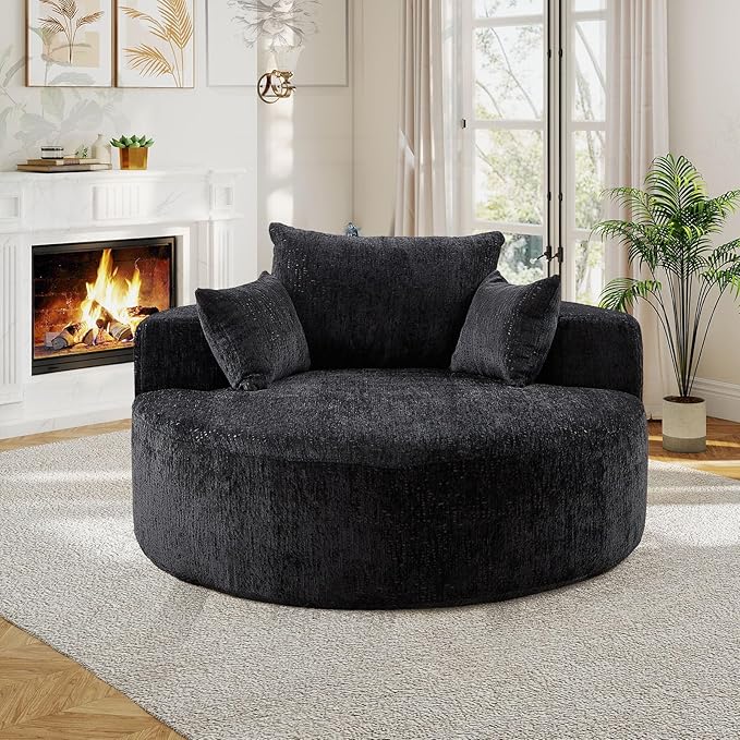 55"W Oversized Round Chair Lounge Chaise Indoor, Upholstered Comfy Circle Sofa Armchair, Modern Cozy Boneless Foam Floor Reading Chair for Living Room, Bedroom, No Assembly Required(Chenille, Black)