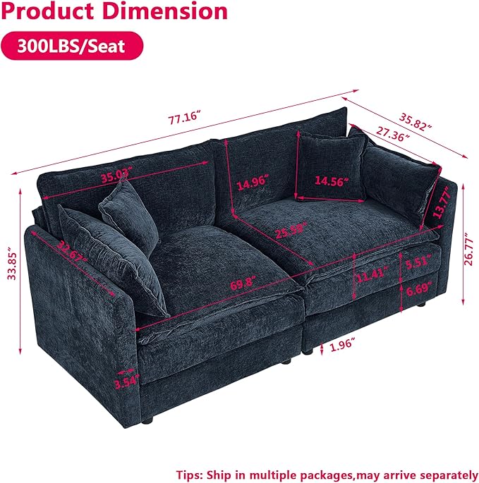 Aoowow Modular Sectional Sofa Modern Convertible Loveseat Couch,77.16 Inch Deep 2-Seater Sofas Comfy Chenille Cloud Sofas and Couches with Pillows for Living Room Apartment（Blue）