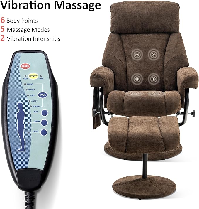 MCombo Swivel Recliner with Ottoman, TV Chair with Vibration Massage, Ideal for RV Small Space, Living Room & Bedroom 4828 (Textile, Dark Brown)