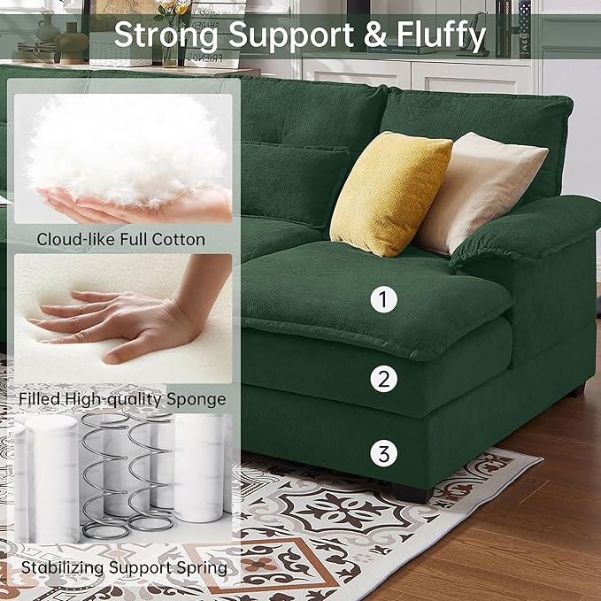 Jarenie 110" Convertible Sectional Sofa, U Shape Cloud Couch, Comfy Couches with Double Chaise and Sleepable Armrests, 4 Seats Sectional Couches for Living Room, Green