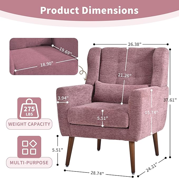 CHSICFOR Modern Accent Chair, Upholstered Arm Chair with Waist Pillow, Single Sofa Chair for Living Room Bedroom Small Spaces (Purple)