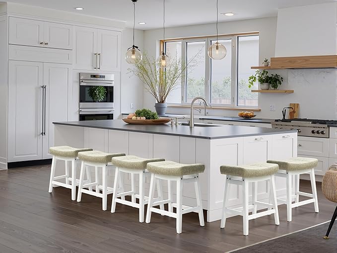 RNKSFX Counter Height Bar Stools Set of 4 for Kitchen Counter Farmhouse Modern Barstools with Faux Leather Upholstered Backless Seat and Solid Wood Legs 24 inch Bar Chairs, Light Grey + White