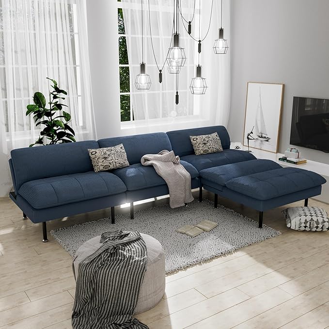 2 Sets 70" Futon Sofa Bed, 4 in 1 Multi-Function Couch Sleeper with Adjustable Backrest, Modern Convertible Futon, Recliner Small Loveseat for Living Room, Blue
