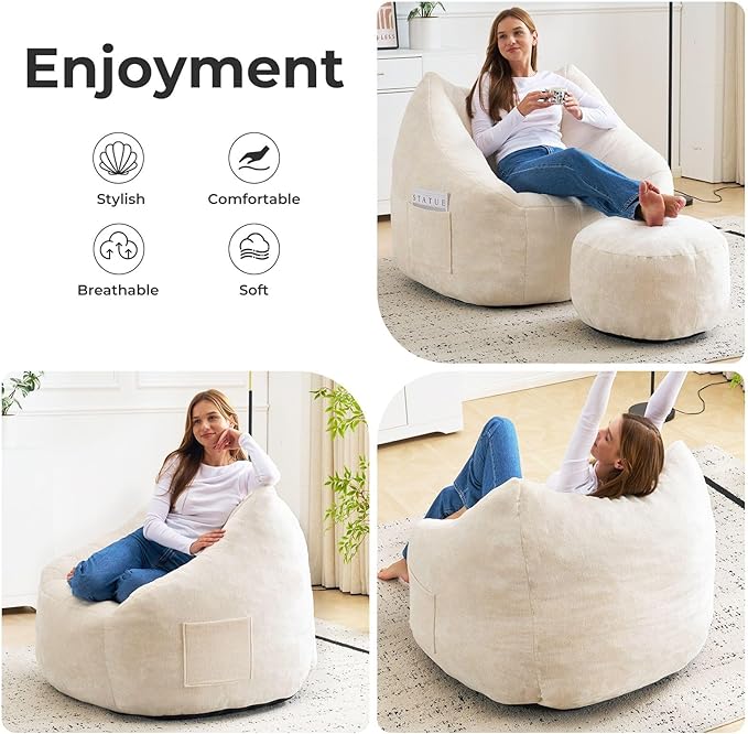 Giant Bean Bag Chair with Ottoman for Adults, Oversized Bean Bag with Filling Plush Fluffy,BeanBag Floor Sofa Chair with with Back Support for Living Room, Bedroom, Reading, Lvory