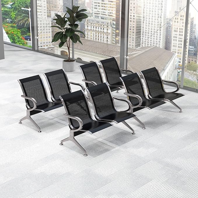 Kinfant 2-Seat Waiting Room Chair Bench Set- Office Guest Benches Reception Chairs with Arms for Airport, Hospital, Bank, Salon, Barbershop, Hall, Room Conference(Black Mesh, Set of 4)