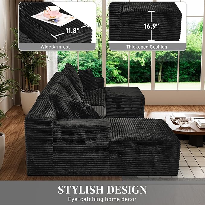 Modular Sectional Sofa Cloud Sectional Couch, 107" Comfy Fluffy U Shaped Black Couches for Living Room, Deep Seat Memory Foam Plush Corduroy Boneless Couch Sectionals with Left Facing Chaise Sofa