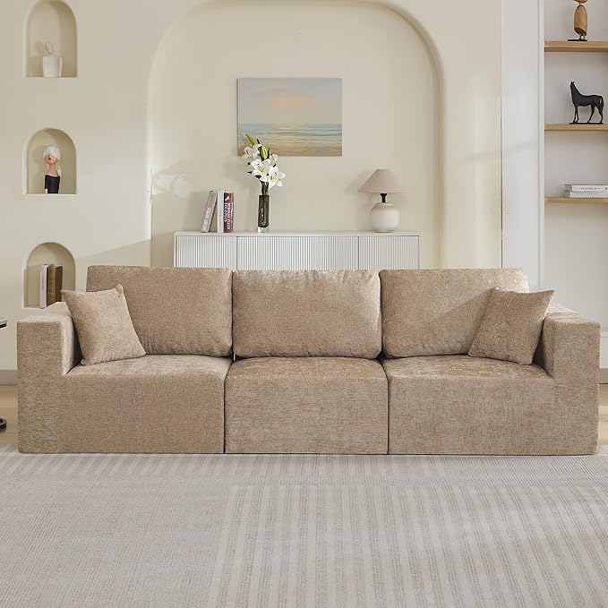 115'' Comfy Boneless Couch, Upholstered Deep Seat Modular Cloud Sofa, No Assembly Chenille Compression 3 Seater Sofa Couch for Living Room, Camel