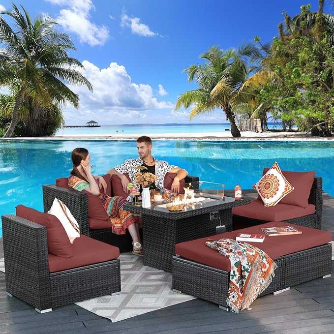 RADIATA 7 Piece Wicker Patio Furniture Set with Fire Pit, All-Weather Outdoor Sectional Couch High Back Large Size, Modular Backyard Seating Sofa Set with Propane/Natural Gas Firepit Table, Grey&Red